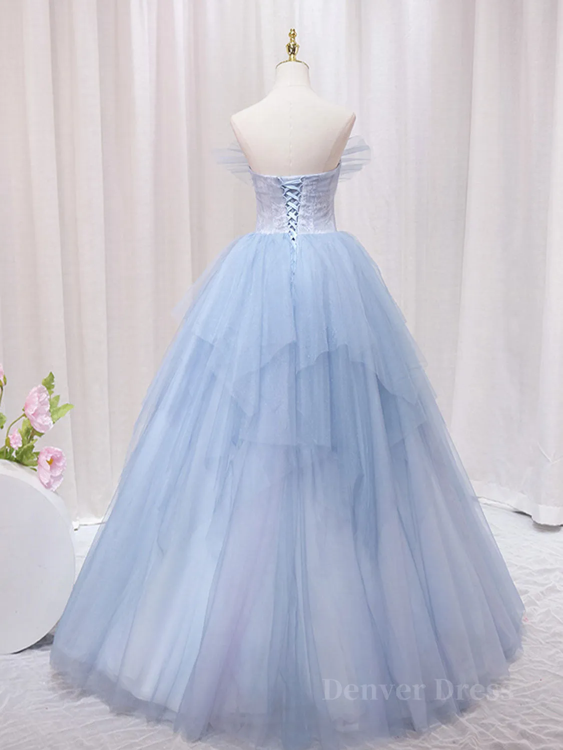 A-Line Sweetheart Neck Tulle Lace Blue Long Prom Dress Blue Formal Evening Dress