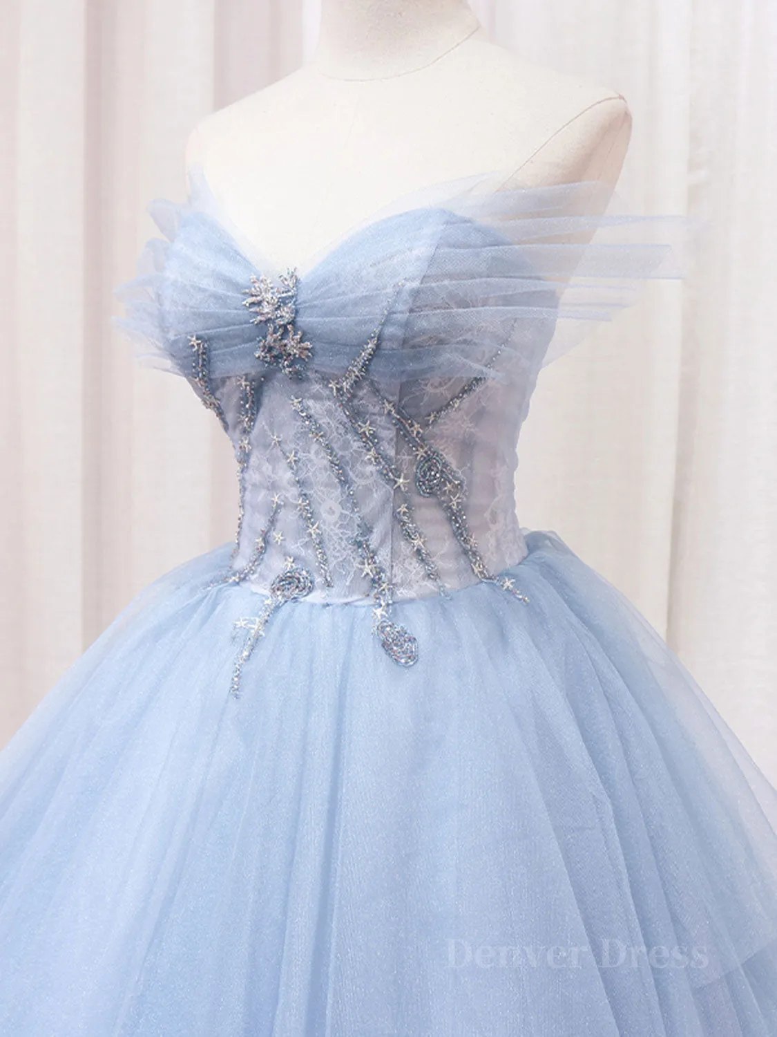 A-Line Sweetheart Neck Tulle Lace Blue Long Prom Dress Blue Formal Evening Dress