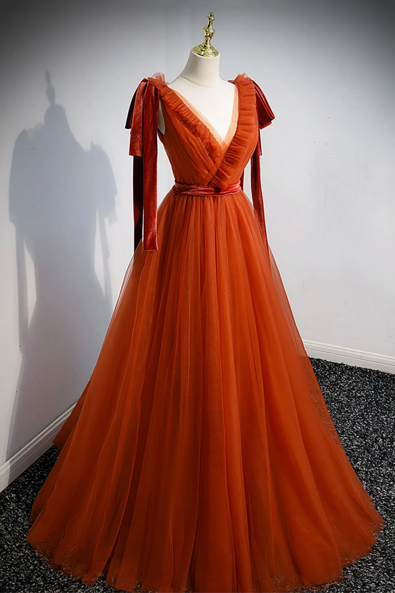 A-Line Tulle Long Prom Dress, Orange V-Neck Long Simple Evening Dress