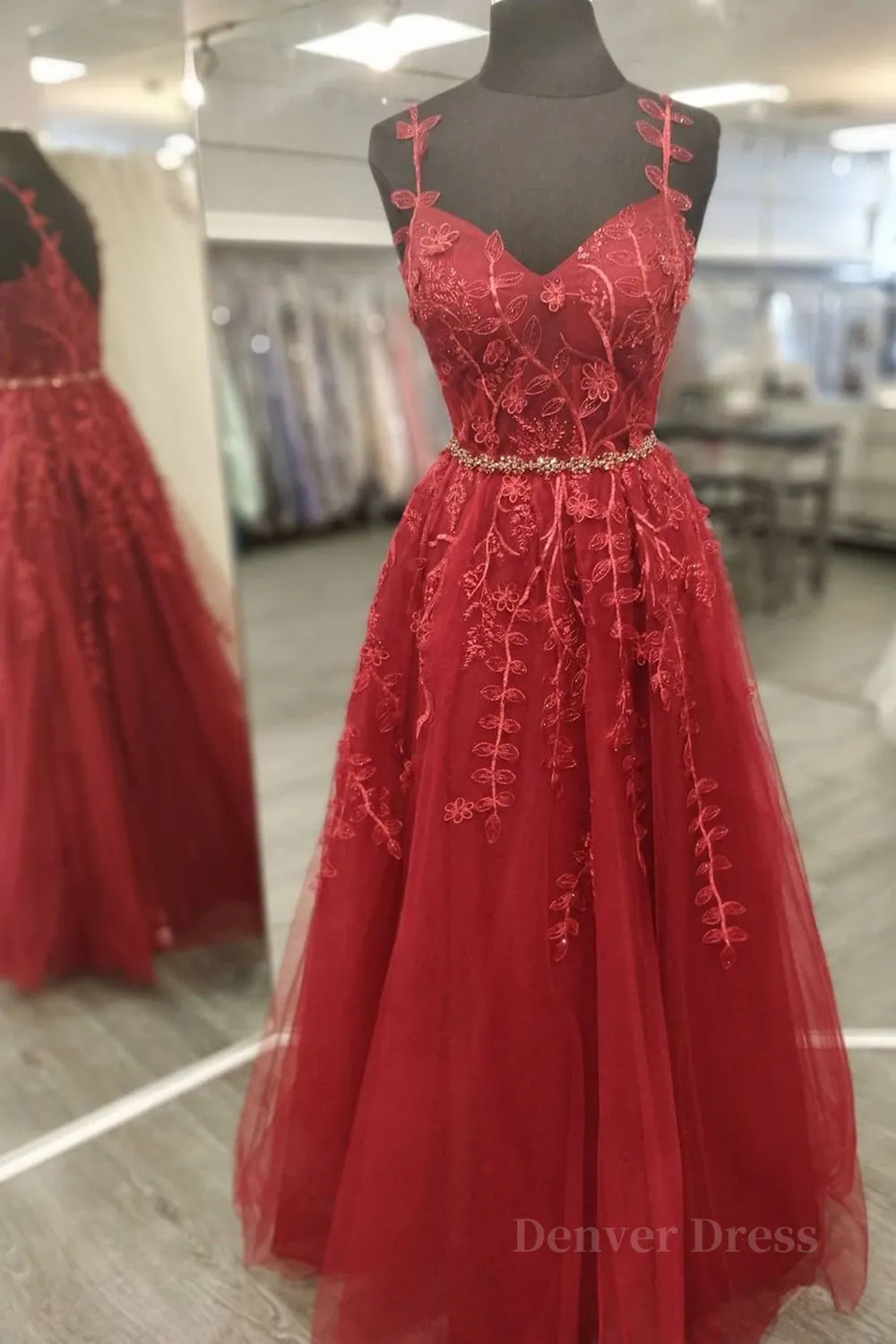 A Line V Neck and V Back Burgundy Lace Floral Long Prom Dress Burgundy Lace Formal Evening Dress