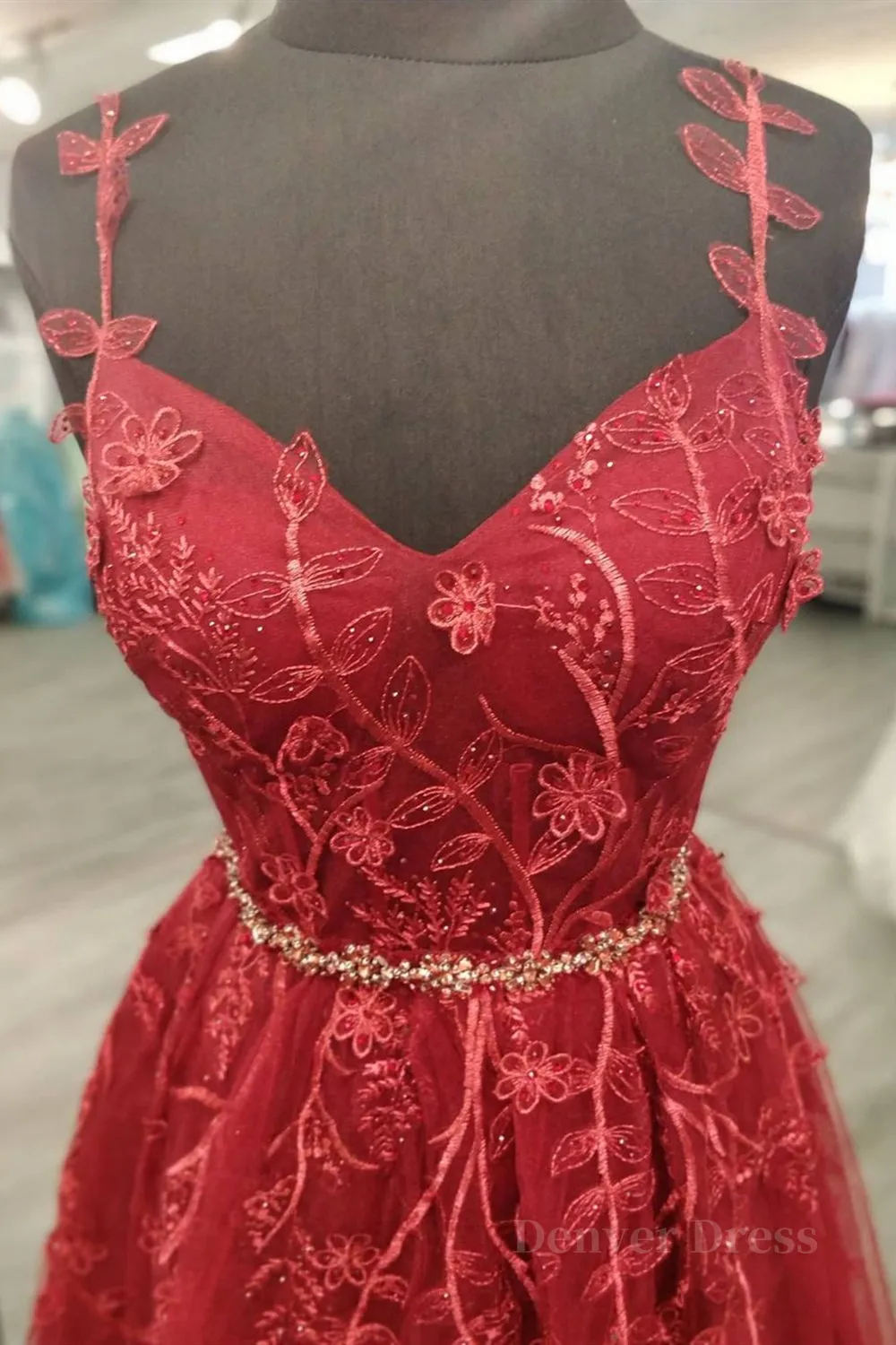 A Line V Neck and V Back Burgundy Lace Floral Long Prom Dress Burgundy Lace Formal Evening Dress