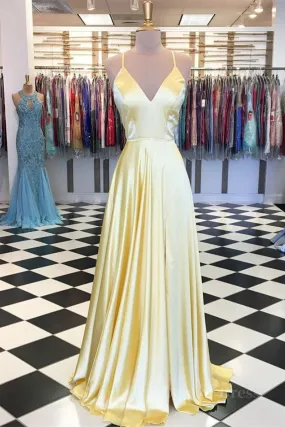 A Line V Neck Backless Yellow Satin Long Prom Dresses Yellow Backless Formal Dresses Yellow Evening Dresses