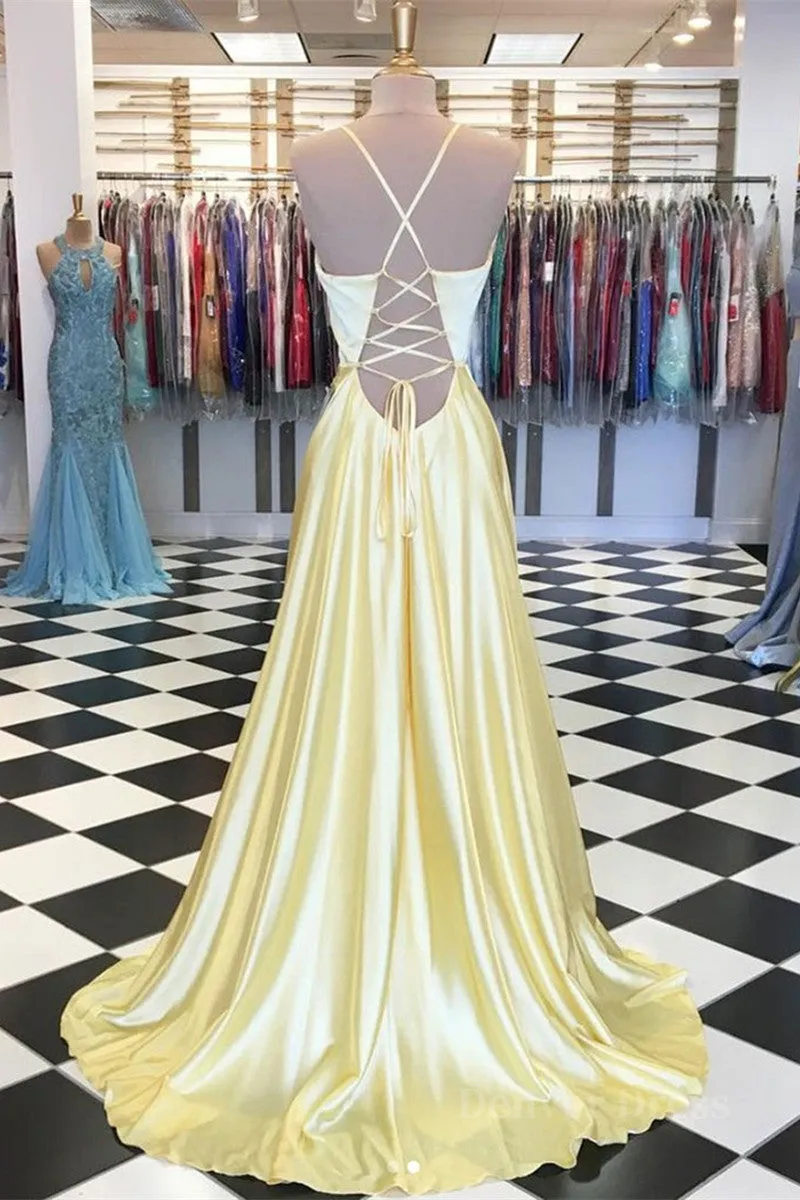 A Line V Neck Backless Yellow Satin Long Prom Dresses Yellow Backless Formal Dresses Yellow Evening Dresses