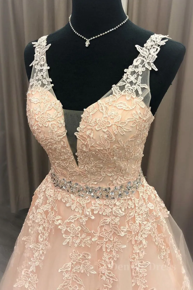 A Line V Neck Beaded Pink Lace Long Prom Dress V Neck Pink Lace Formal Dress Pink Lace Evening Dress