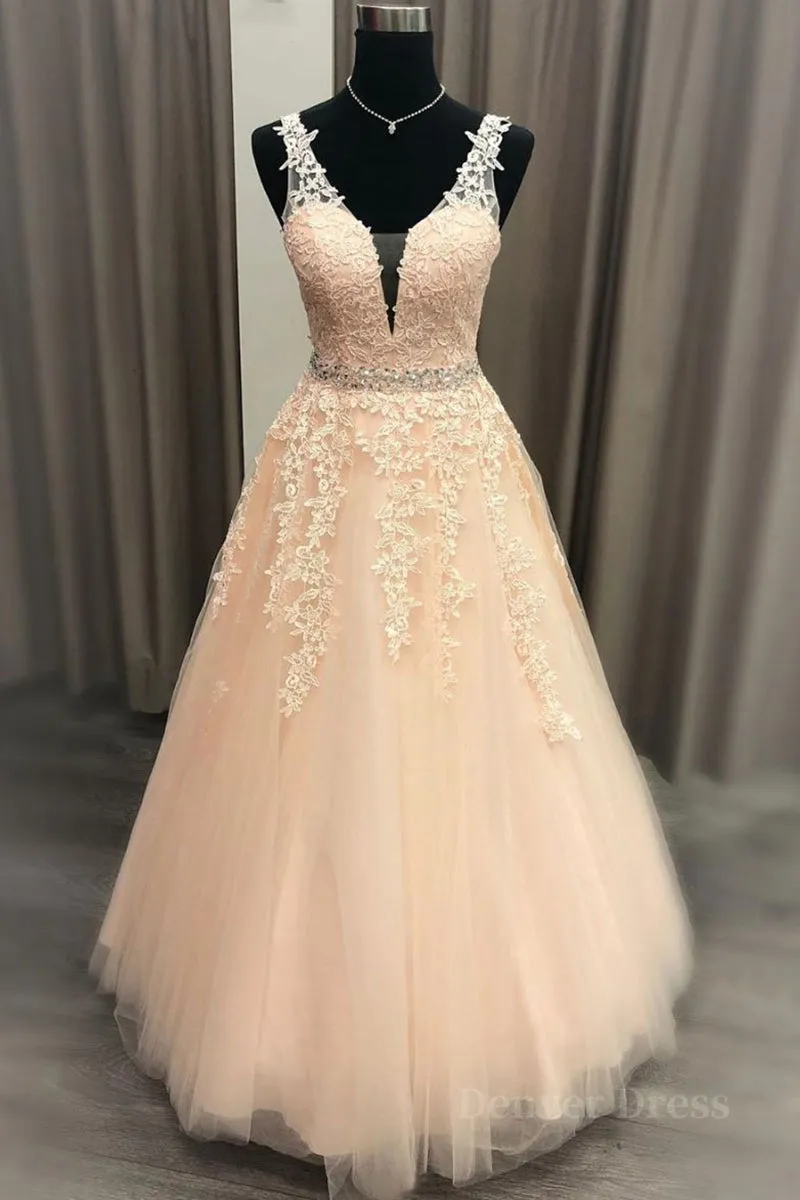 A Line V Neck Beaded Pink Lace Long Prom Dress V Neck Pink Lace Formal Dress Pink Lace Evening Dress