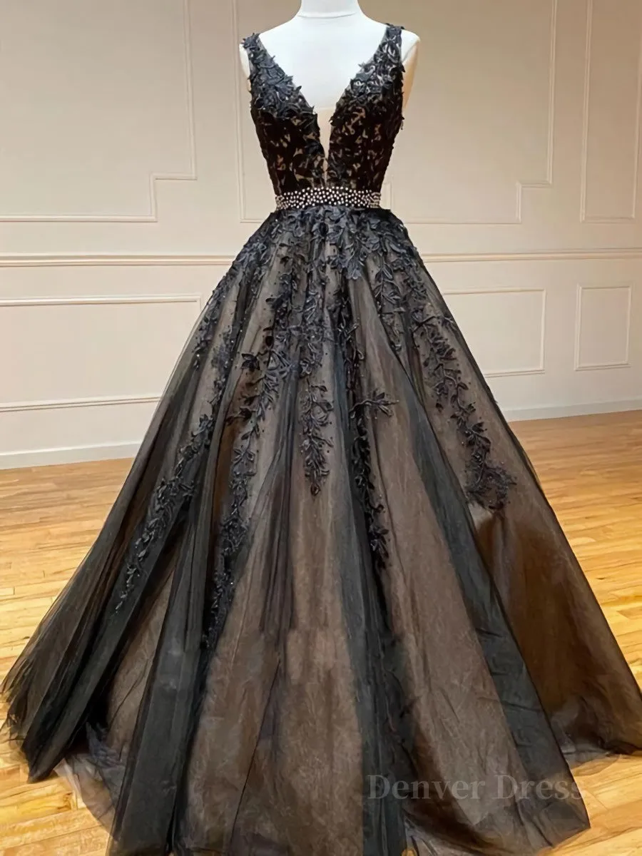 A Line V Neck Black Lace Prom Dresses Black Lace Formal Evening Dresses