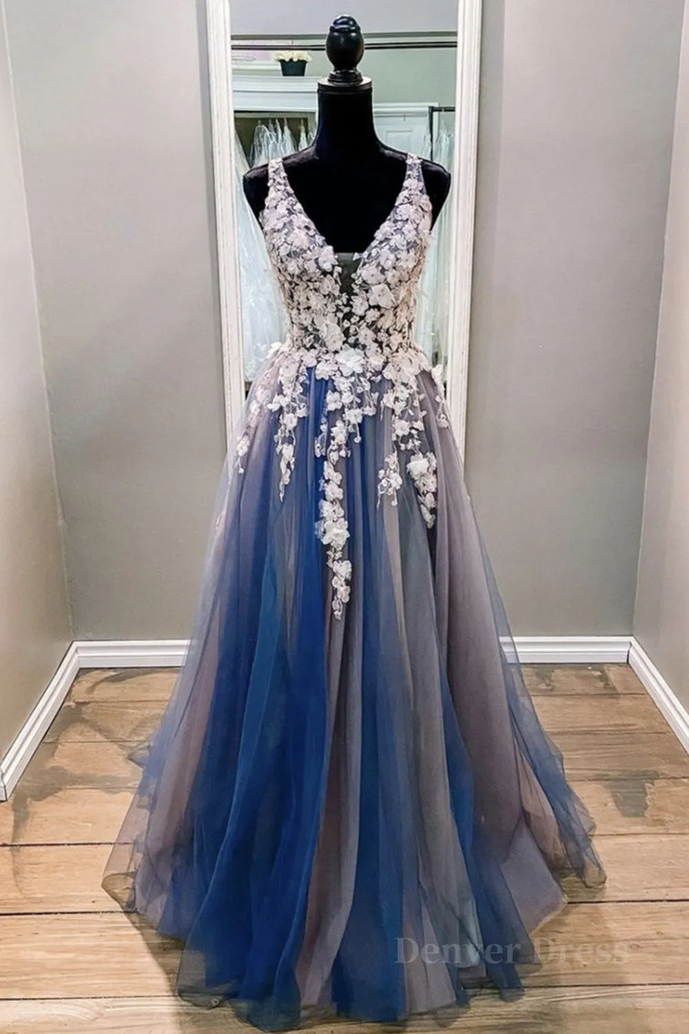 A Line V Neck Blue Lace Long Prom Dress Long Blue Formal Evening Dress