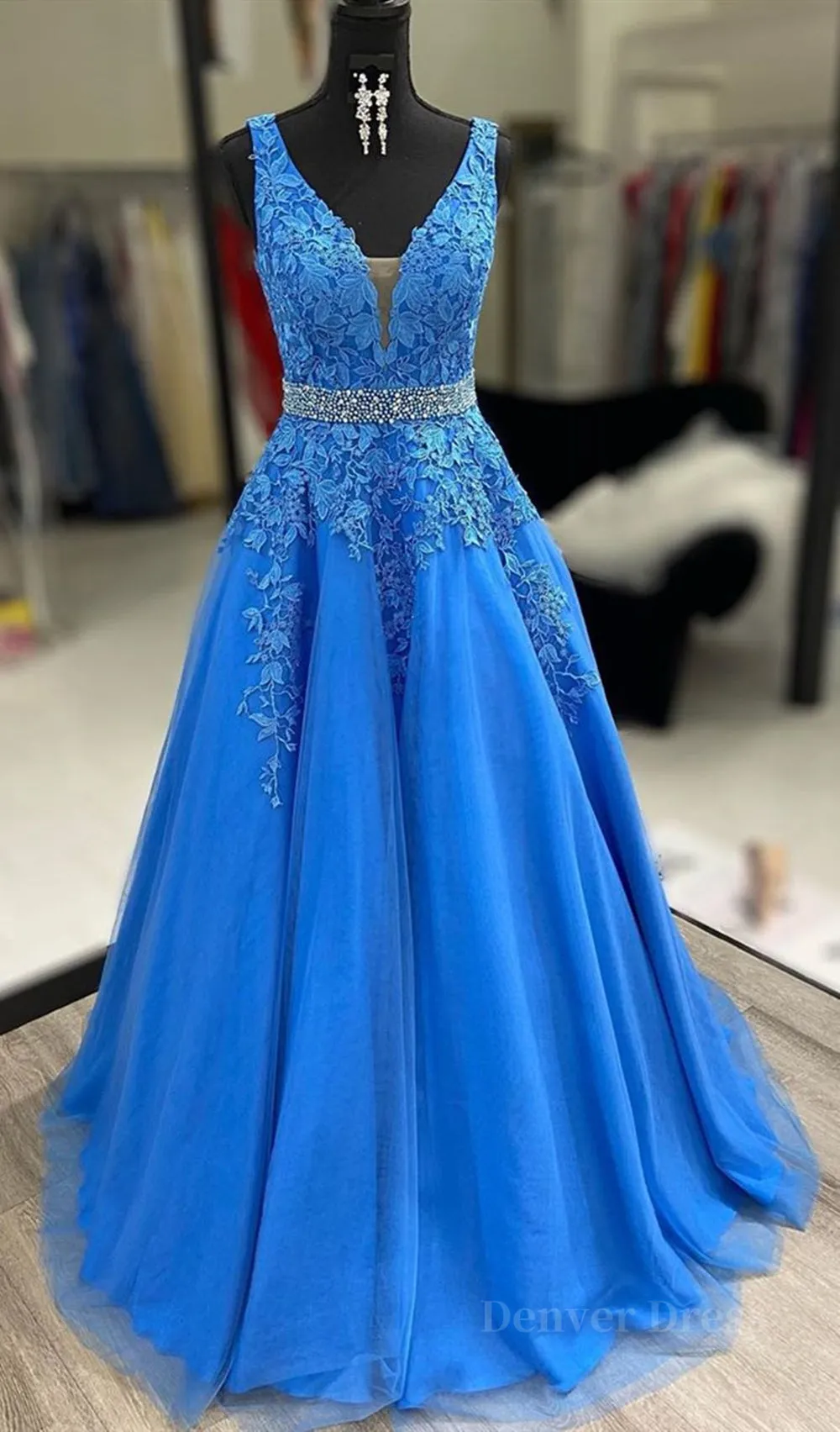 A Line V Neck Blue Lace Long Prom Dresses with Belt Blue Lace Formal Evening Dresses