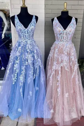 A Line V Neck Blue/Champagne Lace Floral Long Prom Dresses Blue/Champagne Lace Formal Evening Dresses