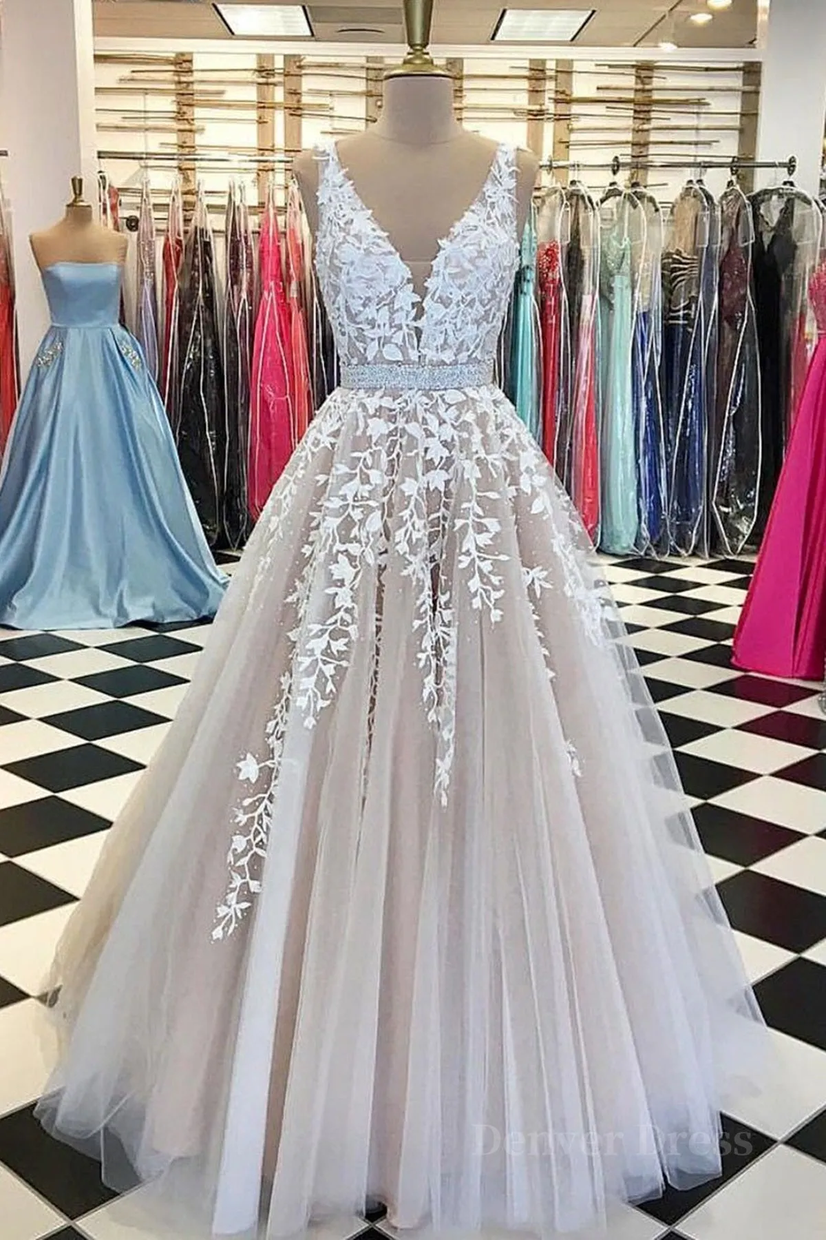 A Line V Neck Champagne Lace Prom Dresses Champagne Lace Formal Evening Dresses