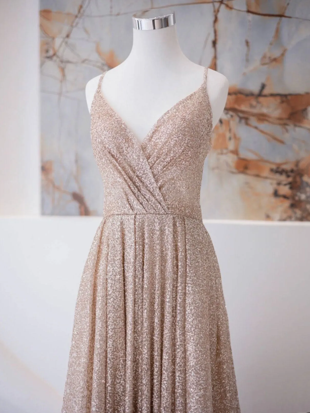 A Line V Neck Champagne Long Prom Dresses Shiny Tulle Champagne Evening Dress