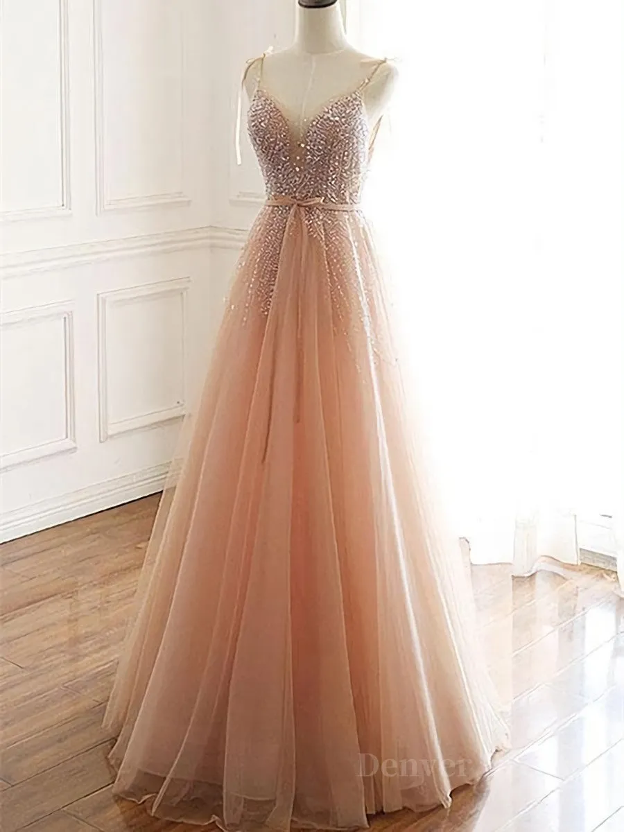 A Line V Neck Champagne Tulle Long Beaded Prom Dresses Champagne Long Formal Evening Dresses