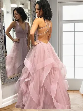 A-Line V-neck Floor-Length Tulle Evening Dresses With Ruffles