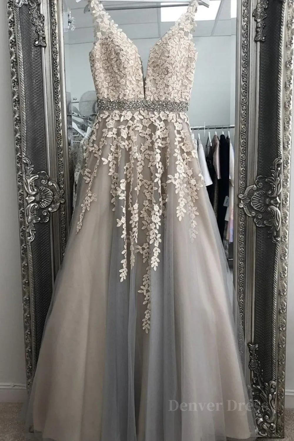 A Line V Neck Gray Lace Long Prom Dress with Belt Gray Lace Floral Formal Dress Gray Lace Evening Dress