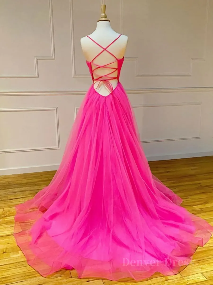 A Line V Neck Hot Pink Long Prom Dresses V Neck Hot Pink Long Formal Evening Dresses