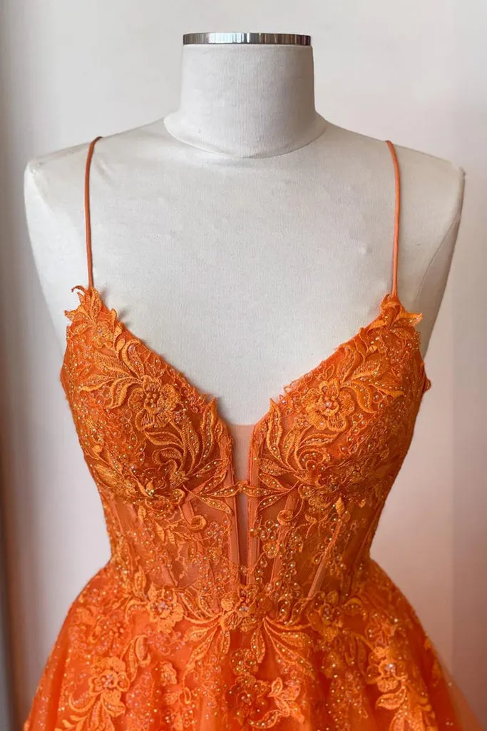 A Line V Neck Orange Lace Long Prom Dress, Orange Lace Formal Dress, Orange Evening Dress