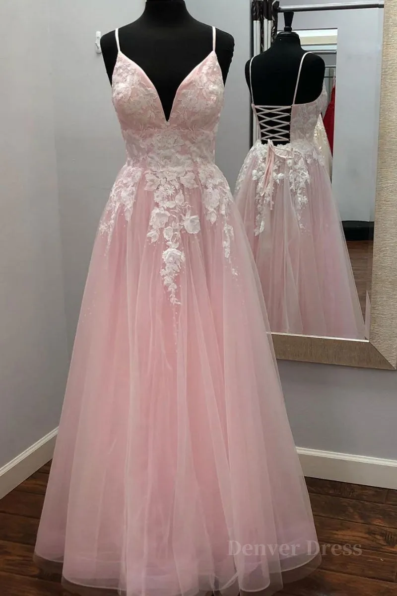 A Line V Neck Pink Lace Floral Long Prom Dress Pink Lace Formal Dress Pink Evening Dress