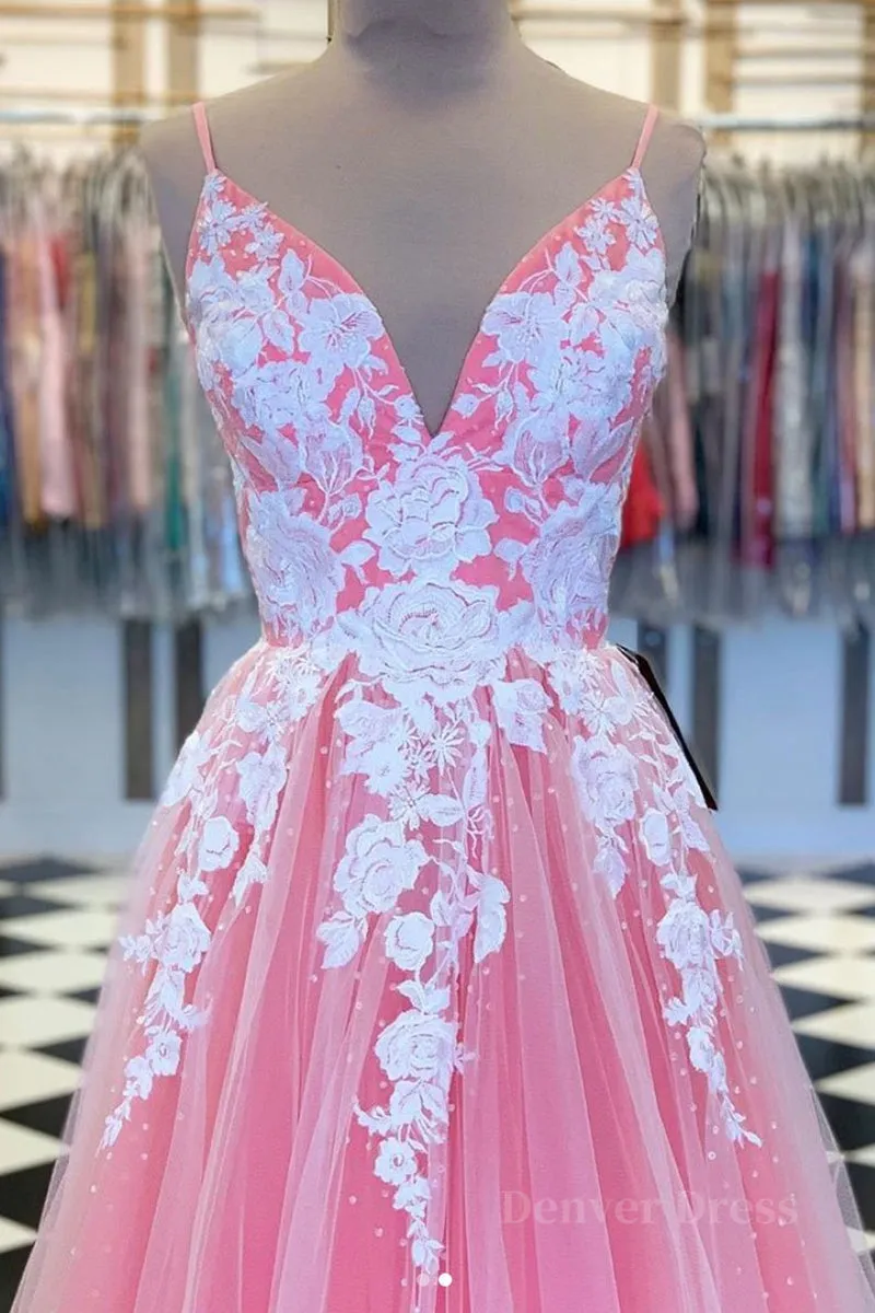 A Line V Neck Pink Long Prom Dress with Lace Appliques V Neck Pink Formal Dress Pink Evening Dress