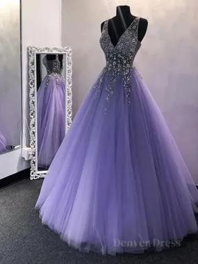 A Line V Neck Purple Beaded Long Prom Dresses Lilac Long Formal Evening Dresses with Beadings