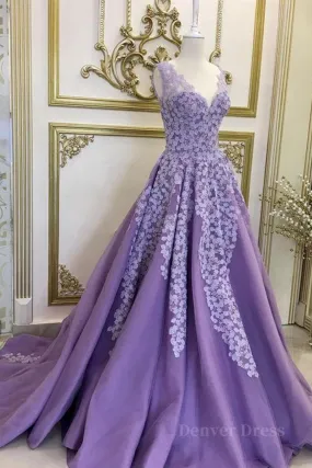 A Line V Neck Purple Long Prom Dresses with Lace Appliques V Neck Purple Formal Evening Dresses