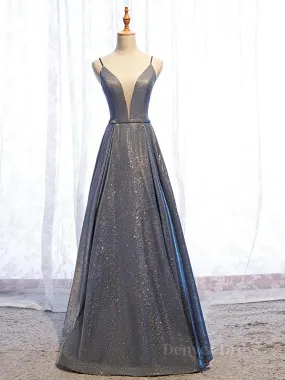 A Line V Neck Silver Gray Long Prom Dresses Gray Long Formal Evening Dresses