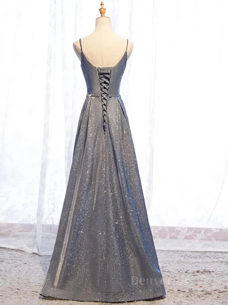 A Line V Neck Silver Gray Long Prom Dresses Gray Long Formal Evening Dresses