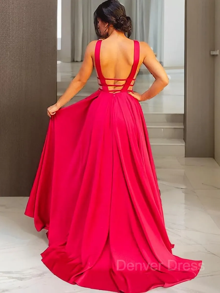 A-Line V-neck Sweep Train Elastic Woven Satin Evening Dresses With Ruffles