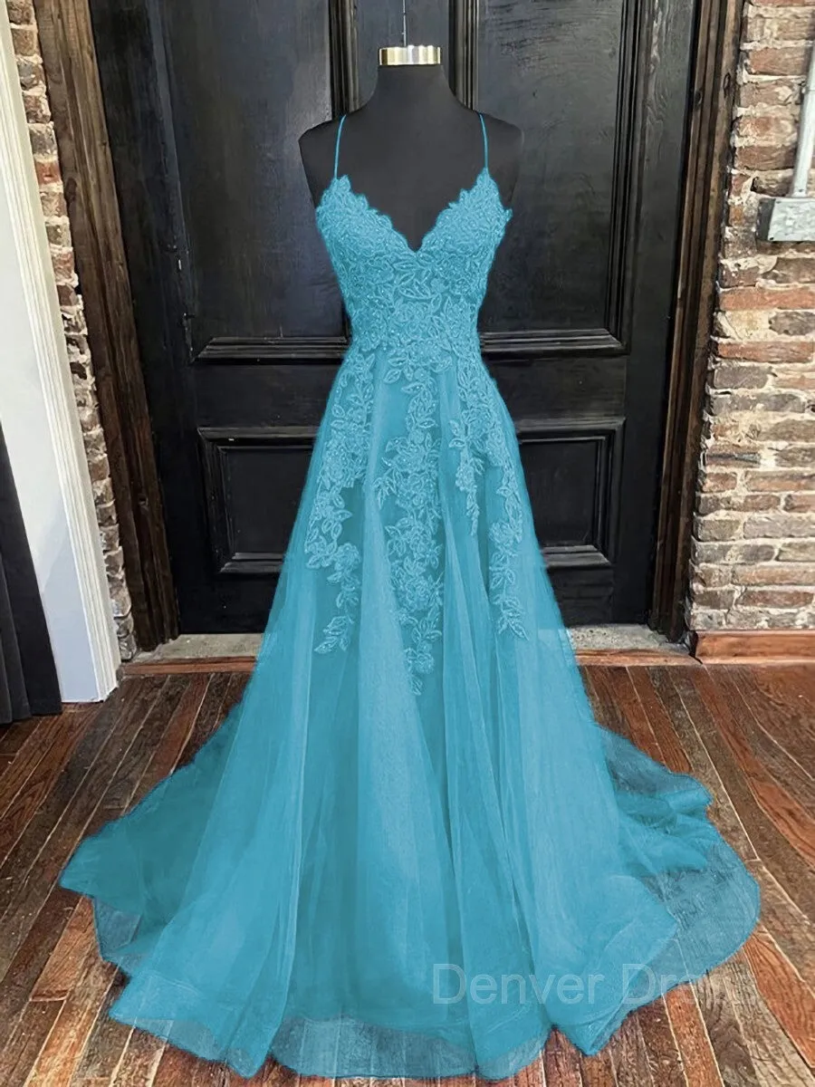 A-Line V-neck Sweep Train Tulle Evening Dresses With Appliques Lace