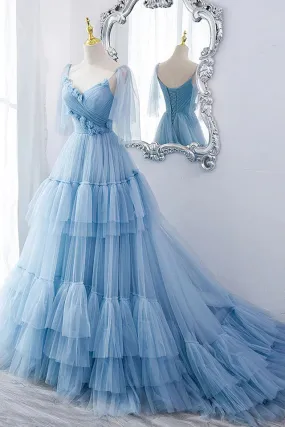 A Line V Neck Tiered Long Tulle Prom Dress Evening Gown with Flower