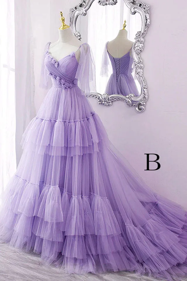 A Line V Neck Tiered Long Tulle Prom Dress Evening Gown with Flower