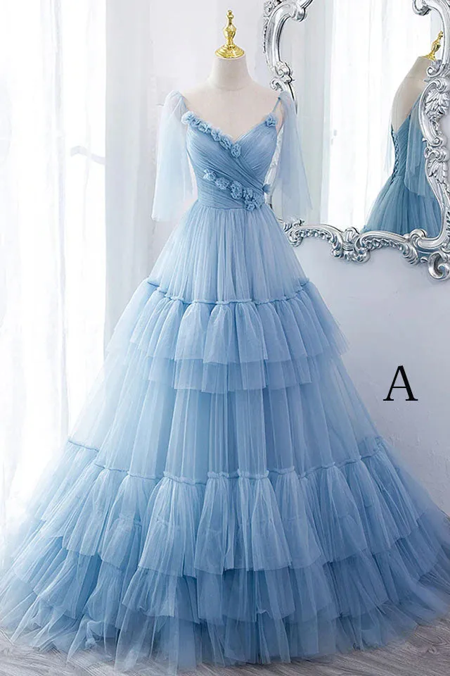 A Line V Neck Tiered Long Tulle Prom Dress Evening Gown with Flower