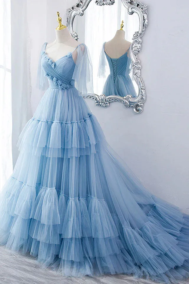 A Line V Neck Tiered Long Tulle Prom Dress Evening Gown with Flower