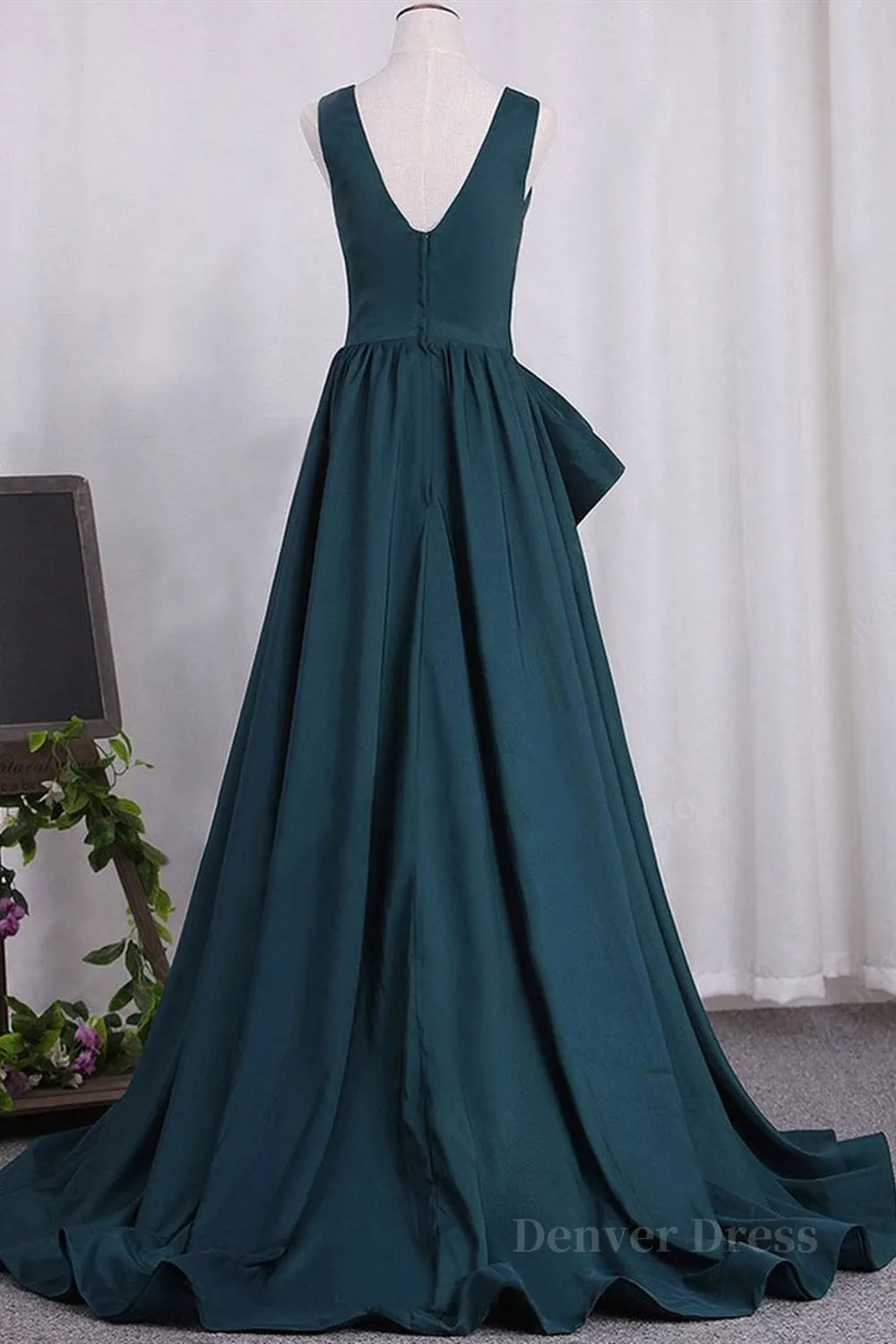 A Line V Neck V Back Green Satin Long Prom Dresses Long Green Formal Evening Dresses