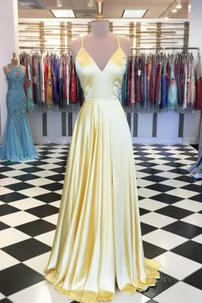 A Line V Neck Yellow Long Prom Dresses Yellow Long Backless Formal Evening Dresses