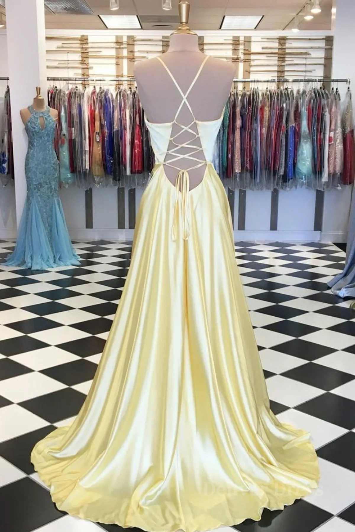 A Line V Neck Yellow Long Prom Dresses Yellow Long Backless Formal Evening Dresses