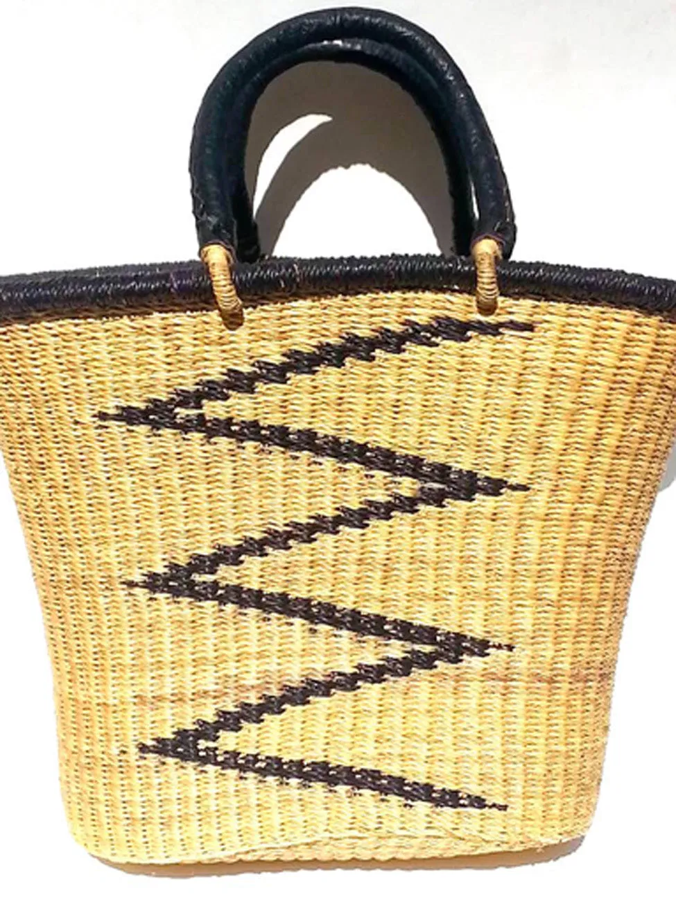 African Market Bucket Tote Bag Leather Handles