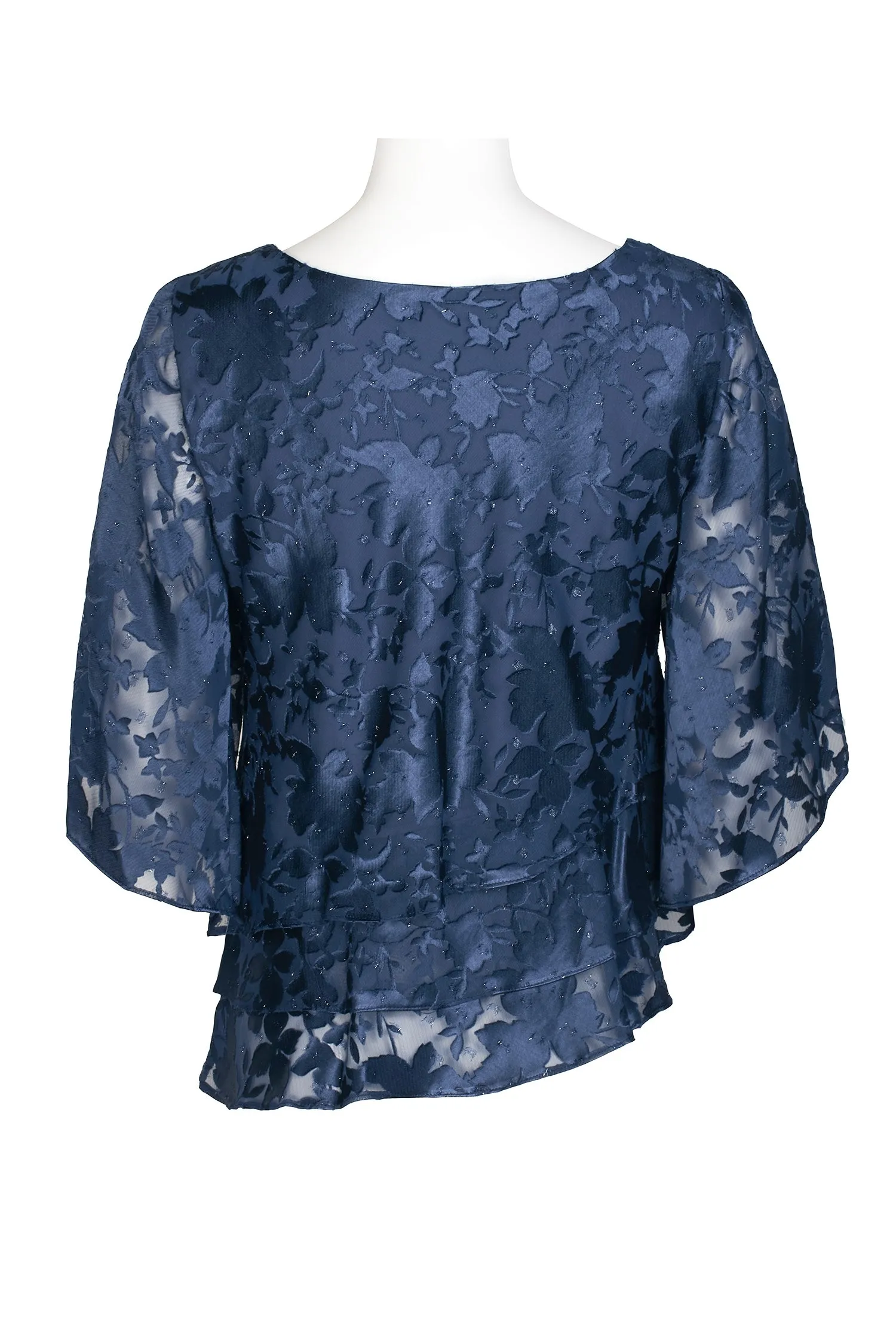 Alex Evenings Boat Neck 3/4 Sleeve Multi Print Asymmetrical Triple Tier Hem Burnout Chiffon Top