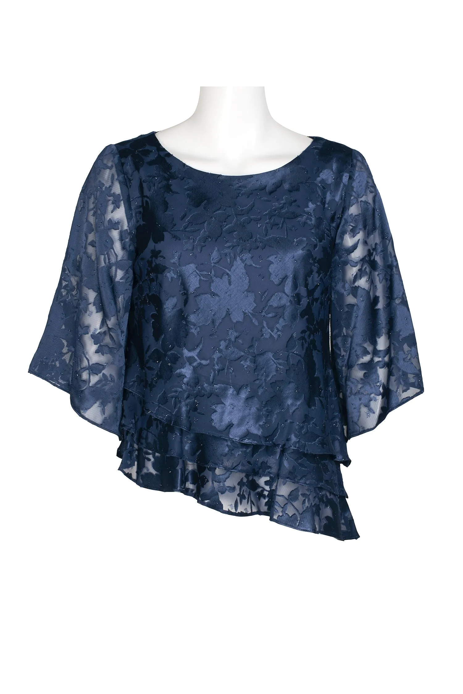 Alex Evenings Boat Neck 3/4 Sleeve Multi Print Asymmetrical Triple Tier Hem Burnout Chiffon Top