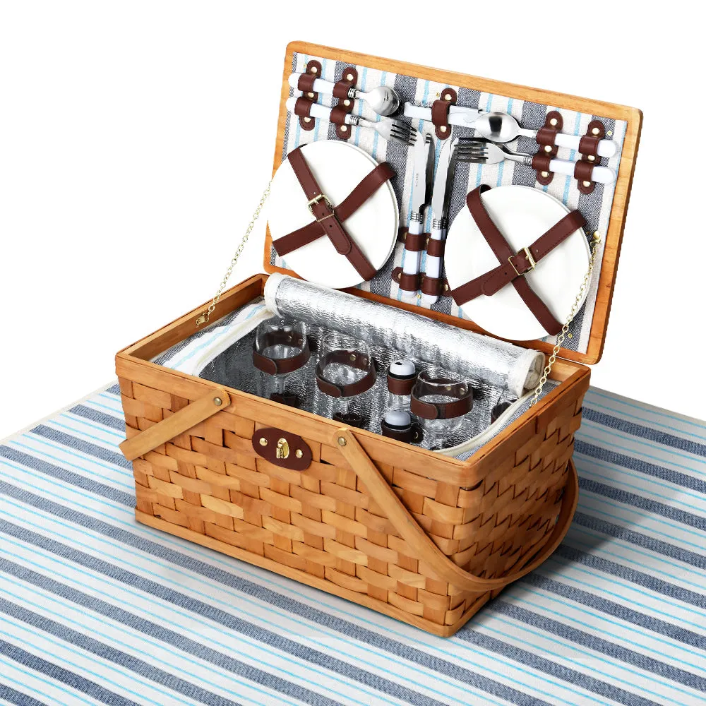 Alfresco Picnic Basket Set Wooden Cooler Bag 4 Person Outdoor Insulated Liquor