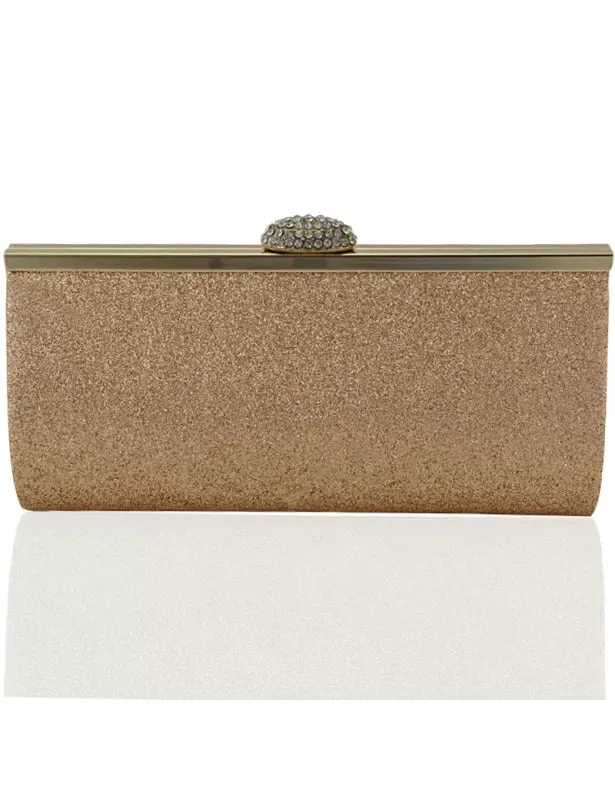 ASHANTI DIAMANTE CLASP SATIN LINING CLUTCH PURSE EVENING BAG IN GOLD GLITTER