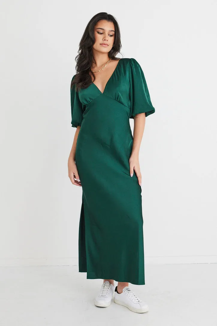 Aura Forest Satin Puff Sleeve Bias Midi Dress