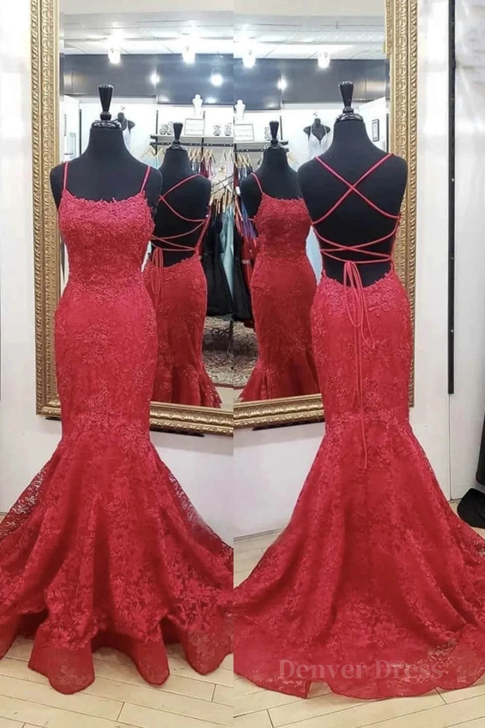 Backless Mermaid Red Lace Long Prom Dress Mermaid Red Lace Formal Dress Red Lace Evening Dress