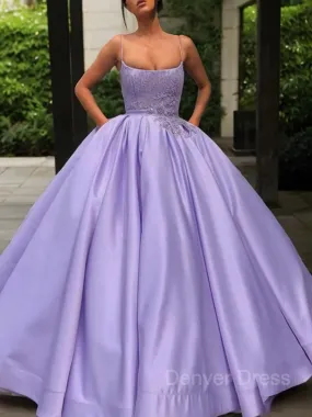 Ball Gown Spaghetti Straps Floor-Length Satin Evening Dresses With Appliques Lace