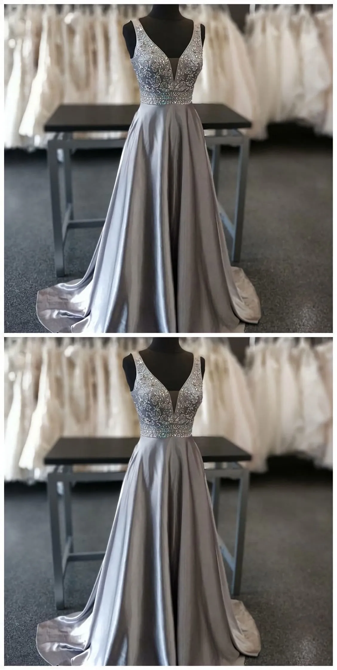 Beautiful Elegant Silver Grey Prom Dress Beaded Evening Gowns V Neck Formal Dress Special Occasion Dress