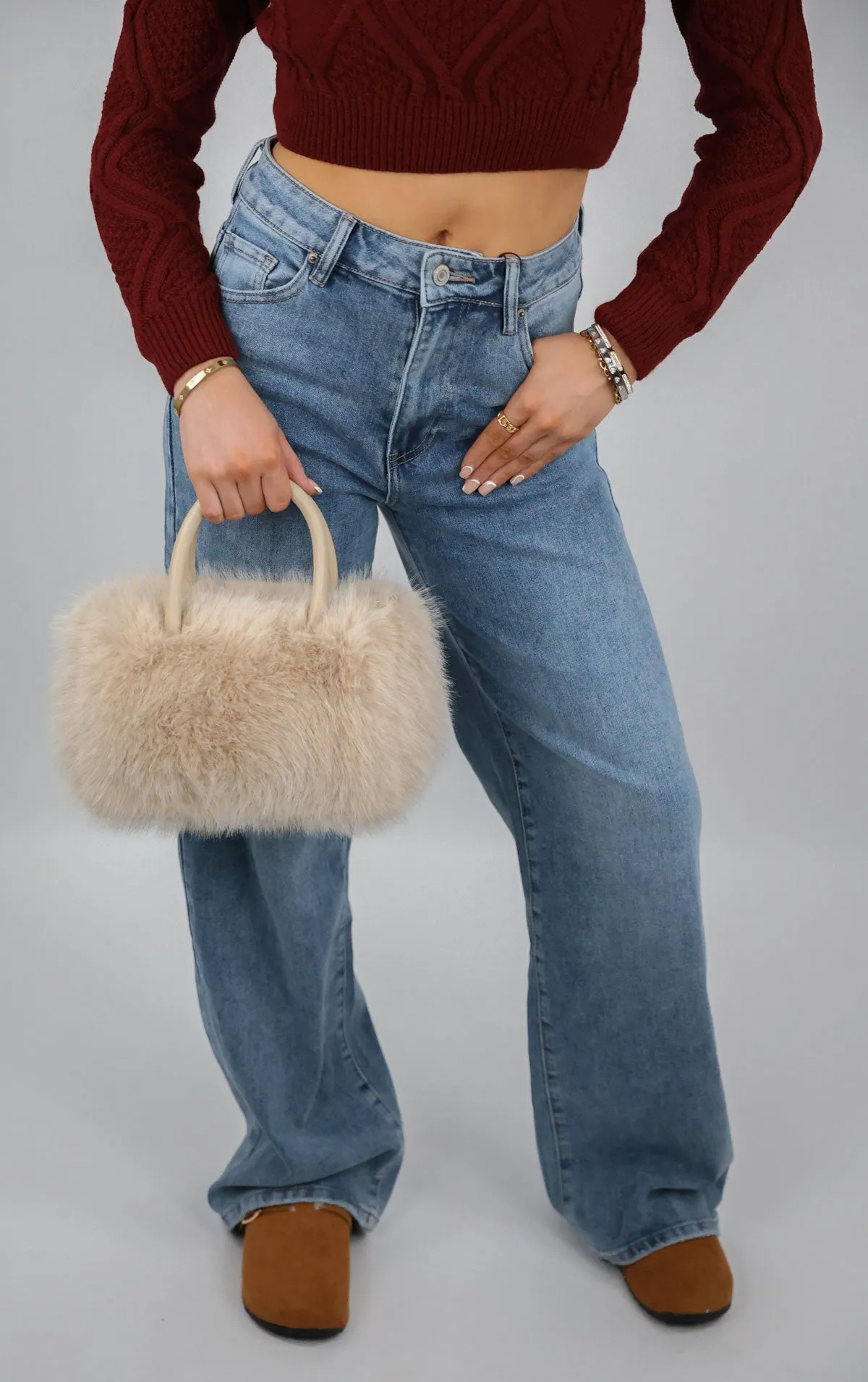 Beige Faux Fur Hand Bag