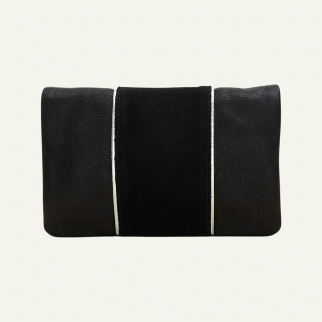 Belt Bag | Black with Black Suede Stripe   Silver Piping "The Amy"