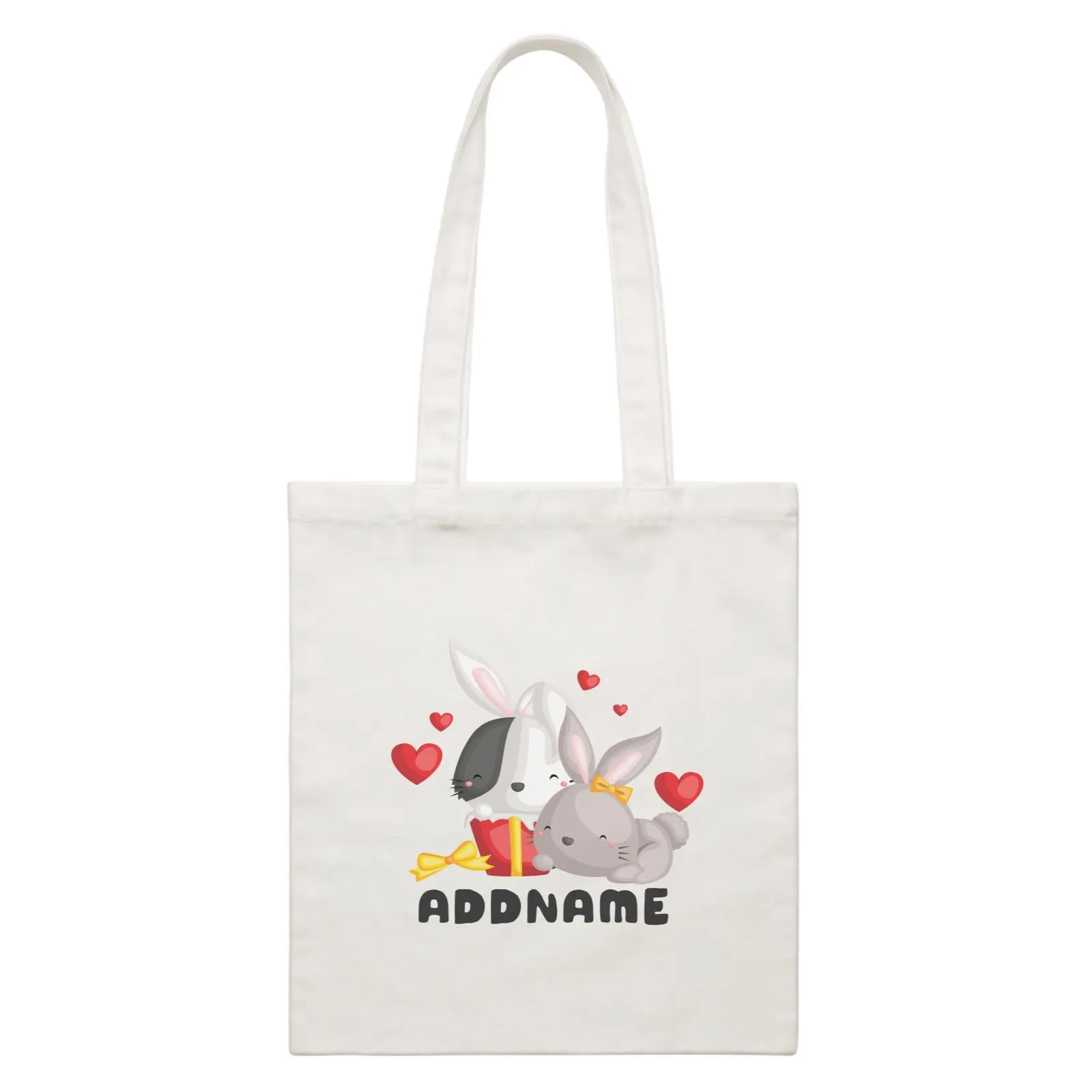 Birthday Friendly Animals Happy Two Rabbits Open Present Addname White Canvas Bag