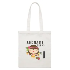 Birthday Hawaii Girl Wearing Hula Grass Dress Addname Turns 1 White Canvas Bag