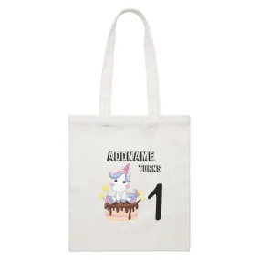 Birthday Unicorn With Cake Addname Turns 1 White Canvas Bag