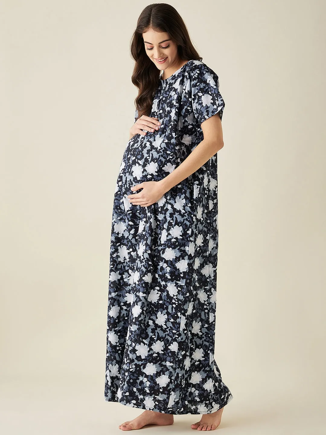 Black And White Abstract Print Maternity Nightdress - The Kaftan Company